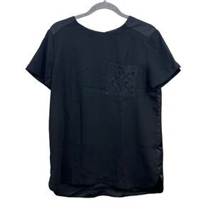 Ann Taylor Womens Tunic Blouse Top Short Sleeves Lace Pocket Gold Zipper Black M